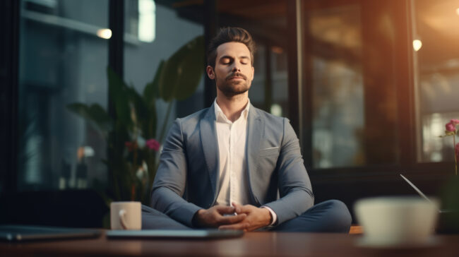 Young businessman meditates at work in the office